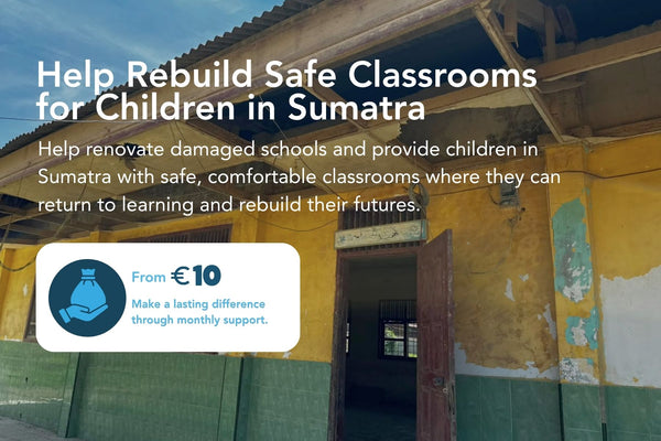 Damaged school building in Sumatra with a campaign message inviting donations to rebuild safe classrooms for children.