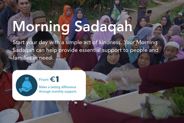 Infographic showing how Morning Sadaqah donations support orphan scholarships, humanitarian crisis relief, clean water, disaster response, food aid for families, and community empowerment.